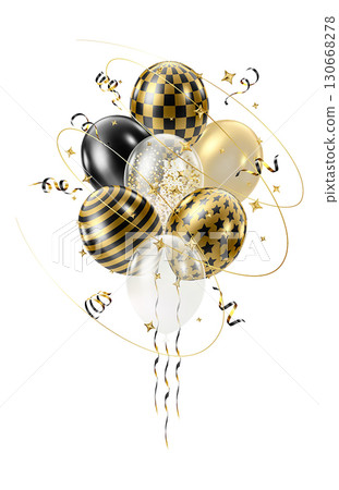 3D realistic bunch of gold black balloons. Huge luxury bouquet 130668278