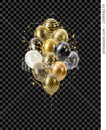 3D realistic bunch of gold black balloons. Huge luxury bouquet 130668279