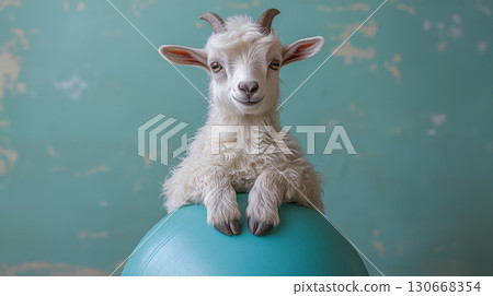 Baby goat sitting on blue exercise ball against turquoise background, smiling face expression for wellness and farm animal concept 130668354