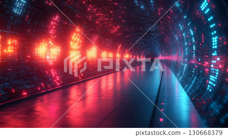 Digital tunnel with glowing red interface and blue data matrix, technology pathway concept for cybersecurity and network information flow Digital tunnel with glowing red interface and blue data matrix, technology pathway concept for cybersecurity and network information flow 130668379