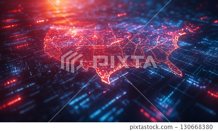 Digital United States map illuminated with network connections and data points, showcasing technological infrastructure against dark background Digital United States map illuminated with network connections and data points, showcasing technological infrastructure against dark background 130668380