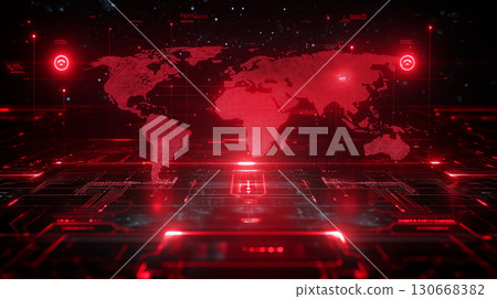 Digital world map glowing red with circuit patterns, global cybersecurity threat concept for data protection and network defense Digital world map glowing red with circuit patterns, global cybersecurity threat concept for data protection and network defense 130668382