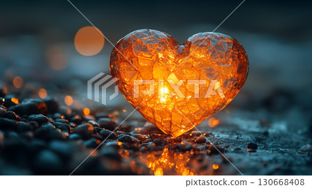 Glowing crystal heart on wet stones reflecting warm light, symbolizing love and emotional illumination in darkness 130668408