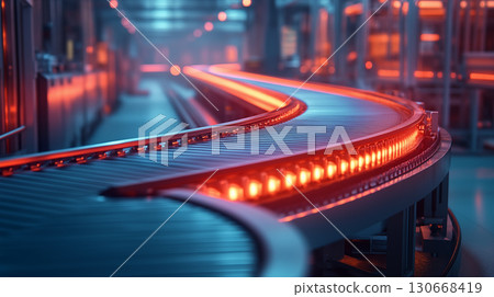 Illuminated curved conveyor belt with glowing red lights showcasing automated industrial technology in modern manufacturing facility 130668419