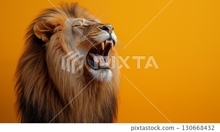 Lion roaring against orange background showing teeth and mane, powerful wildlife symbol for leadership and strength concept 130668432