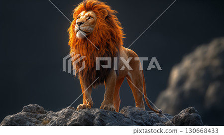 Lion standing majestically on rocky outcrop against dark background, wildlife power concept with dramatic lighting for nature conservation 130668433