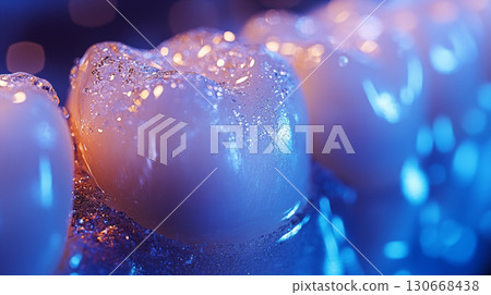 Microscopic dental structure illuminated with vibrant colors against blue background, showing medical research and healthcare innovation Microscopic dental structure illuminated with vibrant colors against blue background, showing medical research and healthcare innovation 130668438