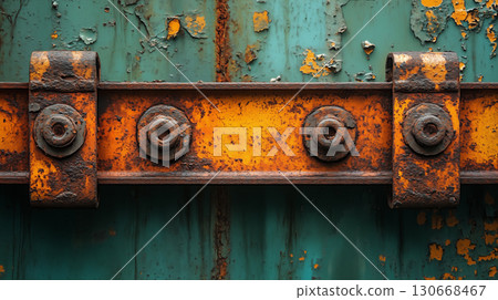 Rustic metal industrial wall with orange oxidized bolts on turquoise surface, showing urban decay texture pattern for architectural detail 130668467