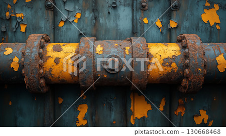 Rusty pipe connection with yellow peeling paint against teal metal wall, industrial equipment maintenance concept 130668468