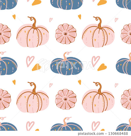 Seamless autumn pattern with hand drawn pink and blue pumpkins and hearts on white background. Cute cozy autumn background design. Decorative pumpkins. Pastel colors. Vector illustration. Halloween Seamless autumn pattern with hand drawn pink and blue pumpkins and hearts on white background. Cute cozy autumn background design. Decorative pumpkins. Pastel colors. Vector illustration. Halloween 130668488