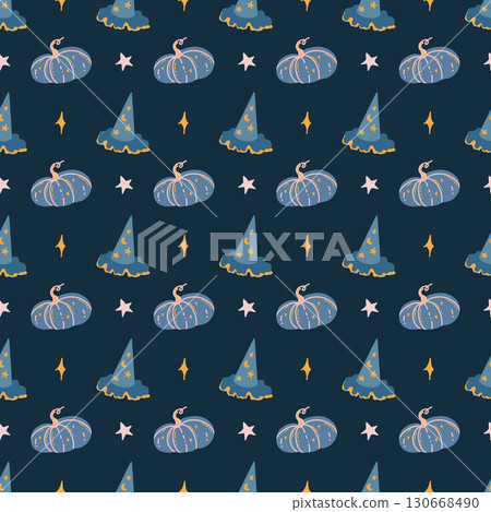Seamless pattern with cute pumpkins, witch hats and stars on blue background. Mystical background. Magic attributes. Halloween pattern. Vector illustration. Seamless pattern with cute pumpkins, witch hats and stars on blue background. Mystical background. Magic attributes. Halloween pattern. Vector illustration. 130668490