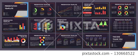 Statistical infographics presentation slides. Business data analysis charts, pie graphs, bar diagrams, line graphs and world map visualization, statistic layouts dark mode vector template set Statistical infographics presentation slides. Business data analysis charts, pie graphs, bar diagrams, line graphs and world map visualization, statistic layouts dark mode vector template set 130668522