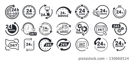 Twenty four hour icons. 24 7 service and support symbols, nonstop working time labels with clock, stopwatch, circular arrows and gear symbols. Availability hours vector set Twenty four hour icons. 24 7 service and support symbols, nonstop working time labels with clock, stopwatch, circular arrows and gear symbols. Availability hours vector set 130668524