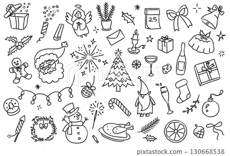 Christmas doodles. Hand drawn festive xmas decoration, Santa Claus, snowman, Christmas tree, stockings, fireworks and gifts. Linear winter holiday symbols with grunge textures, vector illustration set Christmas doodles. Hand drawn festive xmas decoration, Santa Claus, snowman, Christmas tree, stockings, fireworks and gifts. Linear winter holiday symbols with grunge textures, vector illustration set 130668538