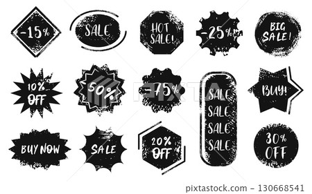 Grunge sale labels. Discount promotion badges with paint brush stroke distressed texture, vintage advertising stickers and buy now and marketing offer tags. Off percentage stamps vector set Grunge sale labels. Discount promotion badges with paint brush stroke distressed texture, vintage advertising stickers and buy now and marketing offer tags. Off percentage stamps vector set 130668541