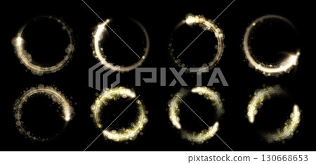Sparkling magic circle. Glowing light rings with glittering star dust trail and bokeh halo particles. Golden spiral frames, shiny swirl lines with magical stardust glitter isolated vector set 130668653