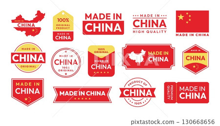 Made in China labels. Product origin badges with China map and flag icons. Chinese export product stamps for packaging branding design, product of China emblem vector set 130668656