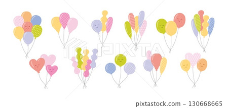 Doodle balloons. Cute cartoon balloon bundles with smiling faces, hand drawn birthday celebration doodle elements for kids party, festive event and holiday design. Vector illustration set Doodle balloons. Cute cartoon balloon bundles with smiling faces, hand drawn birthday celebration doodle elements for kids party, festive event and holiday design. Vector illustration set 130668665