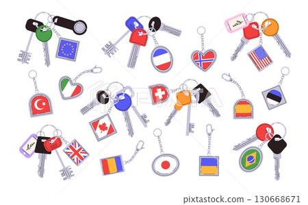 Flag keychains. Key bundles with keyring accessories and framed country and regional flags charms. Patriotic souvenir keychains isolated vector illustration set 130668671