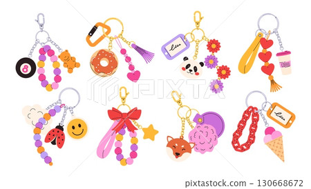 Cute cartoon keychains. Kawaii keychain charms, adorable keyrings for girls and cartoon charm accessories with animal faces, beads and tags isolated vector illustration set 130668672