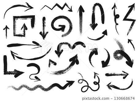 Brush stroke arrows. Hand drawn ink arrow shapes with grunge texture. Curved, wavy, spiral, turn and zigzag directional pointers, graffiti style textured vector set 130668674