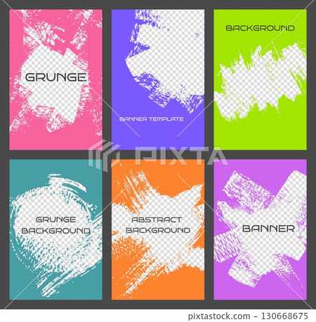 Grunge banner backgrounds. Poster frame layouts with brush stroke textures, artistic hole backdrops with hand drawn cutout paintbrush strokes. vector templates set 130668675