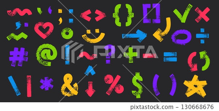 Hand drawn punctuation signs. Typography marks with grunge rough crayon texture, paint brush stroke painted characters and distressed doodle scribbled arrows vector set 130668676