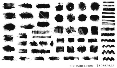 Grunge paint brush strokes. Textured rough ink stroke, hand drawn distressed smears and dirty artistic paint marks. Abstract weathered brushwork vector elements collection 130668682