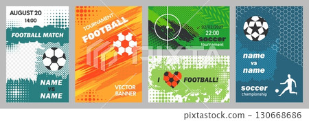 Grunge halftone soccer banners. Football tournament poster with dynamic textures of mixed halftone dots and paint brush strokes effects. Sport events templates vector set 130668686