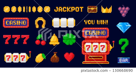 Pixel art slot machine. Pixelated 8 bit casino 777 lucky symbols, lemons, bells, diamonds, hearts, clover, horseshoe, jackpot and bar signs. Retro video game style gambling icons vector set Pixel art slot machine. Pixelated 8 bit casino 777 lucky symbols, lemons, bells, diamonds, hearts, clover, horseshoe, jackpot and bar signs. Retro video game style gambling icons vector set 130668690