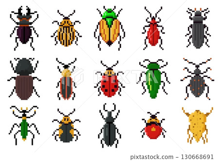 Pixel art insects. Retro 8 bit pixelated beetles, digital ladybugs, colorful beetle and bugs icons. Old school video game insect isolated vector illustration set 130668691