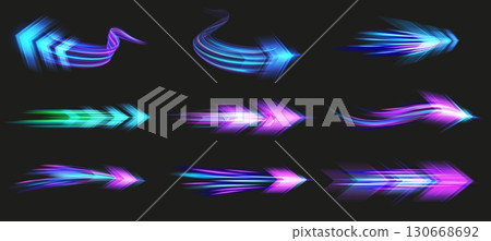 Light speed arrows. Futuristic glowing arrow streaks with high speed motion blur effect, fast pointers and dynamic direction beam with neon glow effect vector set Light speed arrows. Futuristic glowing arrow streaks with high speed motion blur effect, fast pointers and dynamic direction beam with neon glow effect vector set 130668692