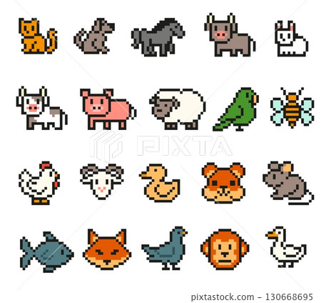 Pixel art animals. Retro 8 bit cartoon pets, cute digital farm and pixelated domestic animal. Old school arcade video game style isolated vector icons collection 130668695