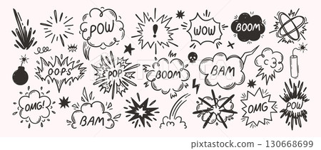 Doodle comic explosions. Boom, Bam and Pop sound effects with hand drawn explosion speech bubbles, blast bursts and puff clouds. Cartoon bang isolated vector set 130668699