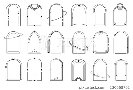 Linear boho arch frames. Bohemian arched borders shapes with stars, orbits and sun rays. Celestial and cosmic geometric minimalist decorative line art vector templates set with editable stroke path 130668701