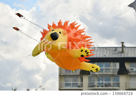Kite hedgehog in the sky in a Dieppe. Kite festival. 130668728