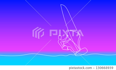 Windsurfer one line drawing concept. Continuous line watersport sailing surfing extreme sport art. Travel adventure lifestyle. Purple cyan background white vector illustration 130668939