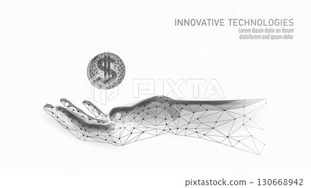 Hand holding dollar coin polygon concept. Digital money wealth income low poly style. Finance investment banking business economy illustration. Geometric design gray white background vector 130668942
