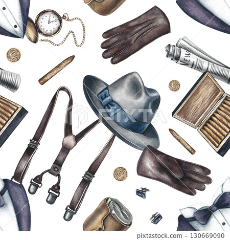 Seamless men's pattern featuring men's accessories. Hand-drawn watercolor illustration. Perfect for textiles, wrapping paper, packaging, holiday decor, and more. 130669090