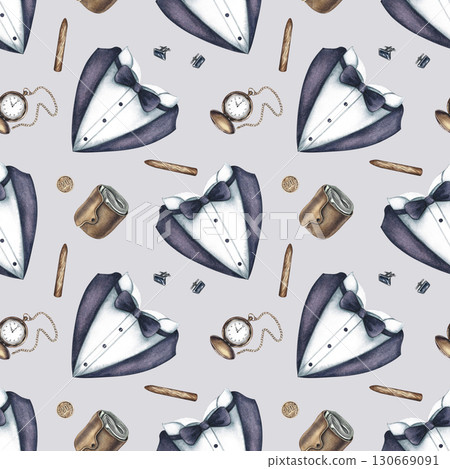 Seamless pattern on men's theme., tuxedos, wallets, cigars and pocket watches. Hand-drawn watercolor illustration. For textiles, packaging and labels, wallpaper, wrapping paper, decor, murals and more 130669091