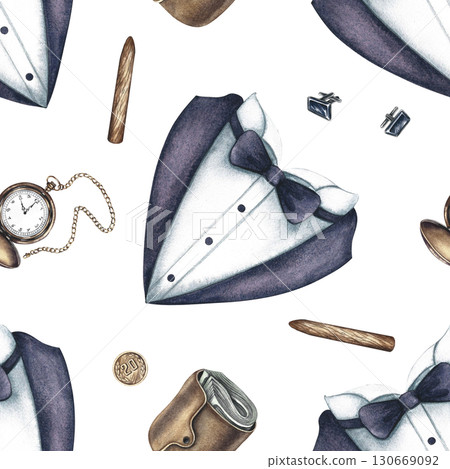 Seamless pattern on men's theme., tuxedos, wallets, cigars and pocket watches. Hand-drawn watercolor illustration. For textiles, packaging and labels, wallpaper, wrapping paper, decor, murals and more 130669092
