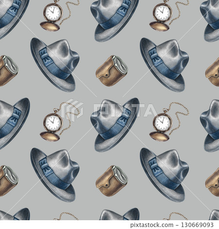 Seamless pattern featuring men's hats, wallets, and antique pocket watches. Hand-drawn watercolor illustration. For textiles, packaging and labels, wallpapers, wrapping paper, decor, and murals. Seamless pattern featuring men's hats, wallets, and antique pocket watches. Hand-drawn watercolor illustration. For textiles, packaging and labels, wallpapers, wrapping paper, decor, and murals. 130669093