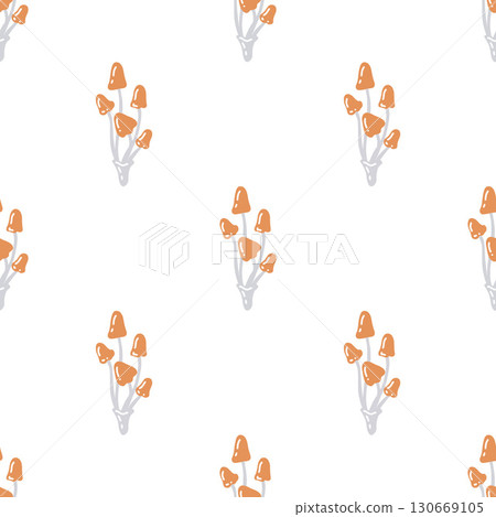 Mushroom pattern on white background. Simple Seamless background with brown mushrooms, neutral vector pattern. Whimsical minimalistic autumn pattern. Vector flat illustration. 130669105