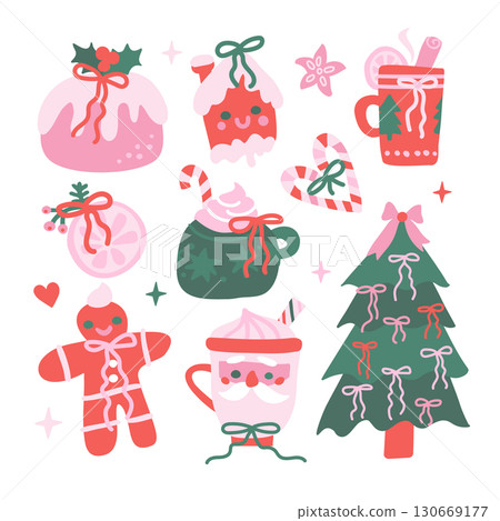 Set of Pastel Coquette Christmas elements - pine tree, Gingerbread house, Gingerbread man, hot beverage and candy with playfuk bows. Pink and Mint Green Doodle Hand Drawn flat vector illustration. 130669177