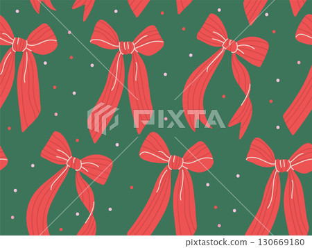 Cute Xmas ribbon bows seamless pattern. Coquette Christmas background in red and green colors. Whimsical girly vector design. Cute Xmas ribbon bows seamless pattern. Coquette Christmas background in red and green colors. Whimsical girly vector design. 130669180