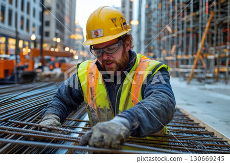 Focused construction worker in yellow hard hat and safety vest working with steel rebar on an active urban building site. Focused construction worker in yellow hard hat and safety vest working with steel rebar on an active urban building site. 130669245