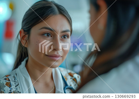 A caring healthcare professional listens attentively to a patient in a modern medical setting. 130669293