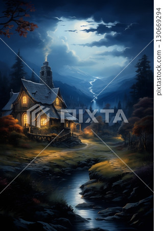 A charming cottage illuminated under a starry night sky, surrounded by serene nature and a flowing river. A charming cottage illuminated under a starry night sky, surrounded by serene nature and a flowing river. 130669294