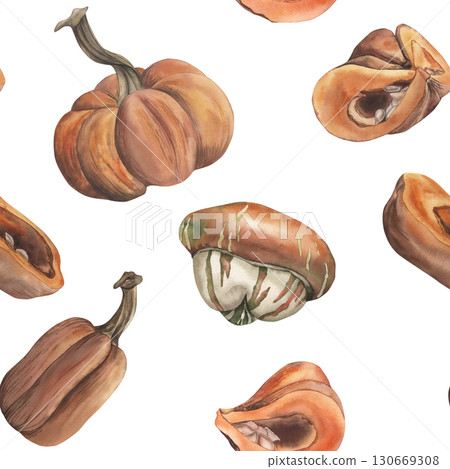 Seamless pattern with orange pumpkins. The illustration with autumn vegetables is hand-painted in watercolor in a botanical style. For packaging design, fabric, textiles, wallpaper, gift paper Seamless pattern with orange pumpkins. The illustration with autumn vegetables is hand-painted in watercolor in a botanical style. For packaging design, fabric, textiles, wallpaper, gift paper 130669308