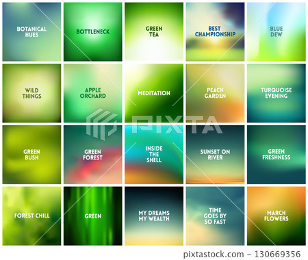 BIG set of 20 square blurred nature green backgrounds. With various quotes. Sunset and sunrise sea forest blurred green background 130669356